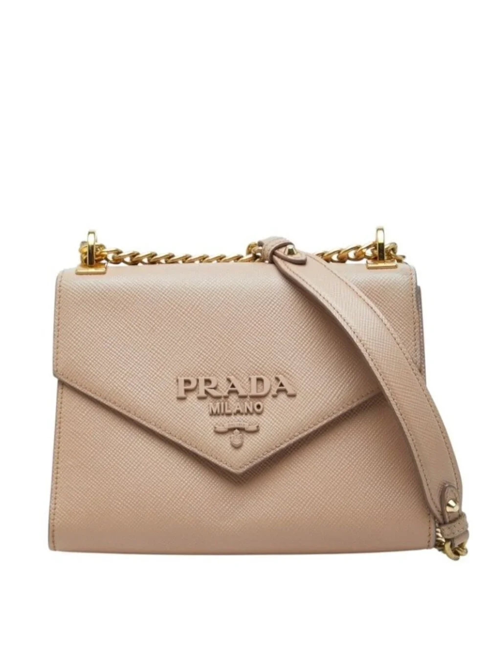 Prada Logo Chain Shoulder Bag Beige Saffiano Leather